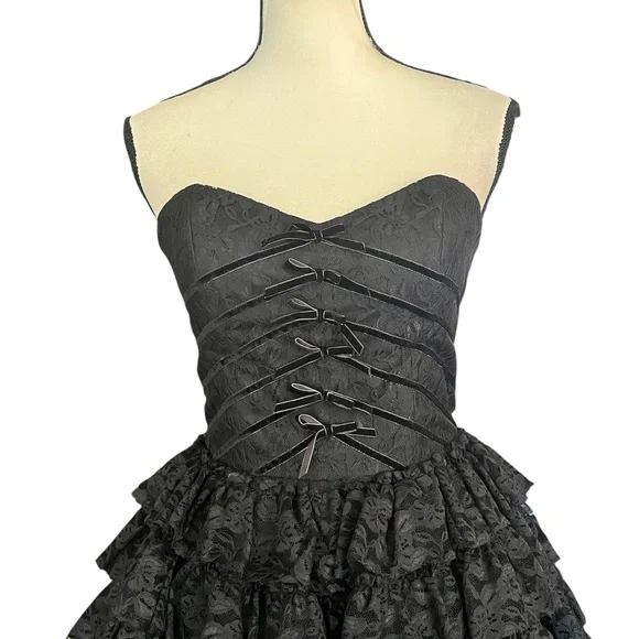 Vintage Betsey Johnson Evening Sheer Lace Velvet Ribbon Bows Goth Cupcake Dress - Picture 5 of 12